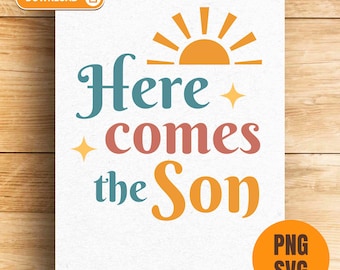 Aquí viene el hijo PNG SVG Diseño de sublimación de atuendo para baby shower de niño (descarga digital) Letrero de bienvenida