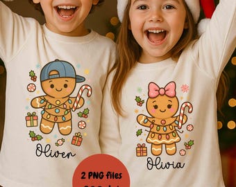 Custom Kids Christmas Shirt PNG Cute Gingerbread Boy Girl PNG, Colorful Sublimation Design (Digital Download), Kids Name Christmas Outfit