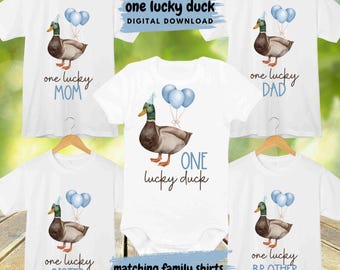 Un'anatra fortunata che abbina le magliette per la famiglia PNG Primo compleanno Pacchetto anatra fortunata 5 file PNG, design per sublimazione del primo compleanno (download digitale)