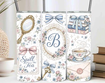 Bicchiere da tè Spill The Tea Tumbler PNG da 20 oz con motivo floreale Coquette Vintage, design a sublimazione (download digitale) Society Paper Book Lover