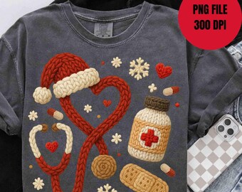 Knitted Crochet Nurse PNG Red Christmas Nurse Coquette PNG Faux Yarn Style Digital Design (Sublimation) Knitted Stethoscope Santa Hat