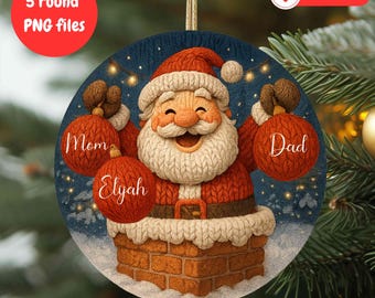 May include: A round Christmas ornament featuring Santa Claus emerging from a brick chimney. Santa holds two red ornaments labeled "Mom" and "Dad", with "Elyah" on the lower ornament. The ornament has a blue background with the text "5 round PNG files" and "DOWNLOAD".