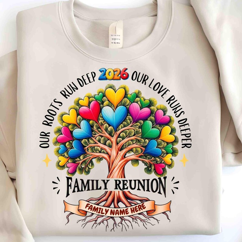May include: Cream-colored sweatshirt with a colorful family tree design. The tree's leaves are heart-shaped in various colors. Text includes "Our Roots Run Deep," "Our Love Runs Deeper," "Family Reunion," and "2026." A banner reads "Family Name Here."