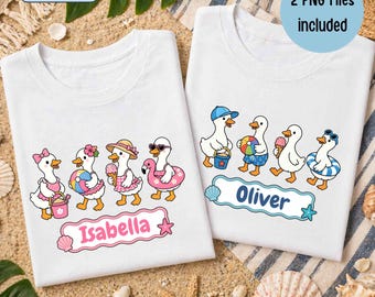 Oca estiva PNG, maglietta estiva coordinata per bambini, design colorato per sublimazione (download digitale) Maglietta da spiaggia personalizzata con finta applicazione con nome per bambino/a