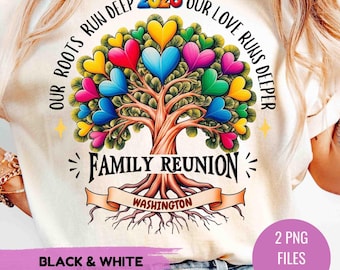 Riunione di famiglia 2026 PNG, maglietta con albero genealogico e cuori, le nostre radici sono profonde, il nostro amore è ancora più profondo, design a sublimazione (download digitale)