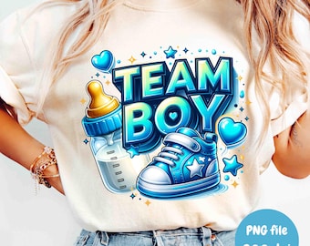 Camiseta azul para baby shower con diseño digital por sublimación PNG de Team Boy para fiesta de revelación de género
