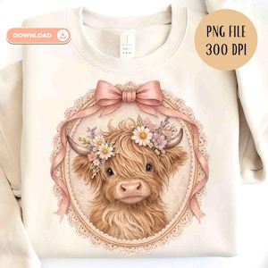 Spring Highland Cow PNG Vintage Cottage Core Foral Highland Cow Shirt Sublimation Design (Digital Download) Pink Bow Coquette Lace Frame
