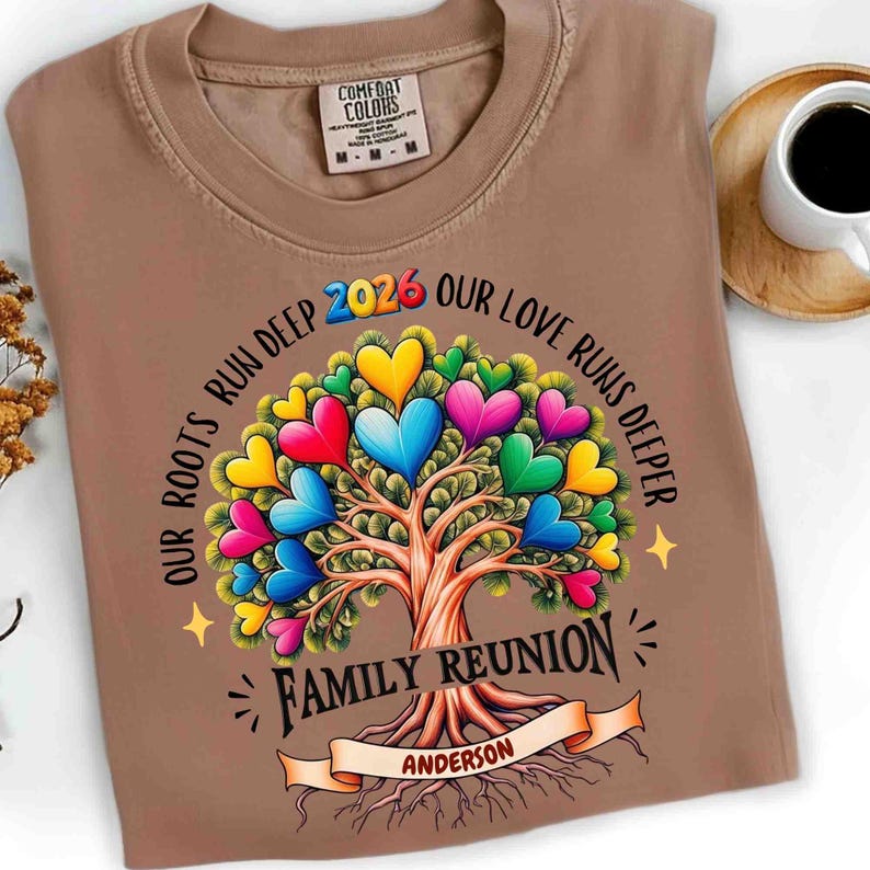 May include: A brown t-shirt with a colorful tree design featuring heart-shaped leaves. The text reads "OUR ROOTS RUN DEEP 2026 OUR LOVE RUNS DEEPER" and "FAMILY REUNION ANDERSON". The shirt has a Comfort Colors tag.