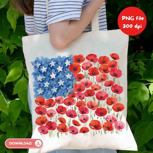 May include: Cream-coloured tote bag with a floral American flag design. The flag features blue flowers with white star accents and red poppies. The bag has the text "DOWNLOAD" and "PNG file 300 dpi".