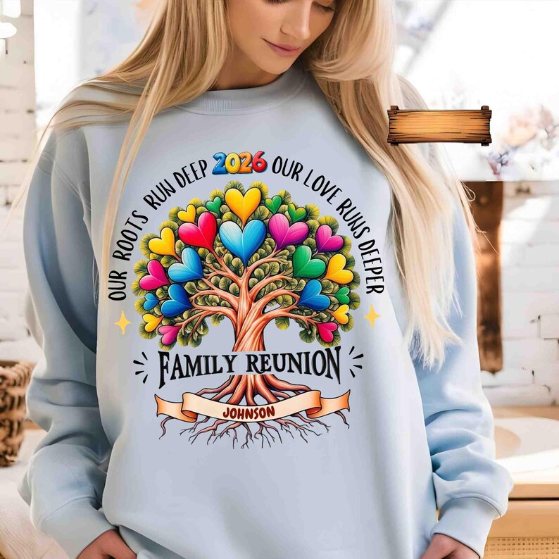May include: Light blue sweatshirt with a colorful tree design. The tree has heart-shaped leaves in various colors and the text "OUR ROOTS RUN DEEP 2026 OUR LOVE RUNS DEEPER" and "FAMILY REUNION JOHNSON".