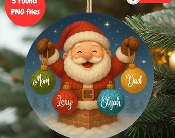 May include: Round Christmas ornament featuring Santa Claus holding ornaments labeled "Mom," "Dad," "Lexy," and "Elijah." The ornament has a blue background with a starry night design. The text "5 round PNG files" and "DOWNLOAD" are also present.