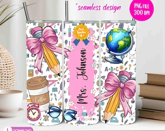 Best Teacher Tumbler Wrap PNG Seamless Sublimation 20 oz Skinny Tumbler PNG Digital Download Custom Coquette Pencil School Add Teacher Name