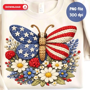 May include: A cream-colored sweatshirt featuring a detailed butterfly design. One wing is blue with white stars, the other red and white striped. The butterfly is surrounded by a floral arrangement of white, blue, and red flowers. The image includes the text "DOWNLOAD" and "PNG file 300 dpi".
