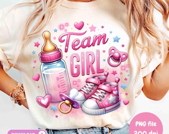 Camiseta para fiesta de revelación de género, baby shower, diseño digital por sublimación PNG de Team Girl