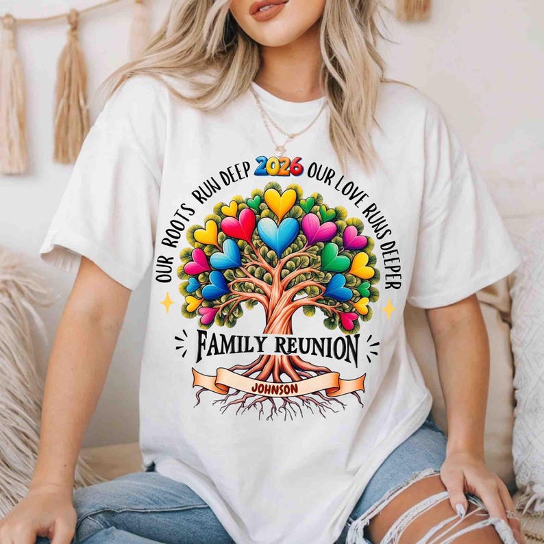May include: White t-shirt featuring a colorful tree design with heart-shaped leaves. The text reads "Our Roots Run Deep, Our Love Runs Deeper" with "2026" and "Family Reunion Johnson" displayed prominently. The design is vibrant and eye-catching.