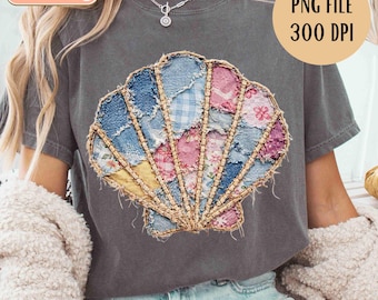 Patchwork Seashell PNG, maglietta estiva retrò per le vacanze, stampa a sublimazione (download digitale), design alla moda per maglietta da spiaggia