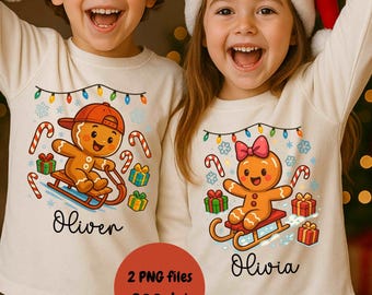 Custom Kids Christmas Shirt PNG Cute Gingerbread Boy Girl PNG, Colorful Sublimation Design (Digital Download), Kids Name Christmas Outfit