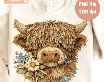 Patchwork Highland Cow PNG Cottage Core Sublimation Design (Digital Download) Farm Animal Thrifty Retro Fabric PNG