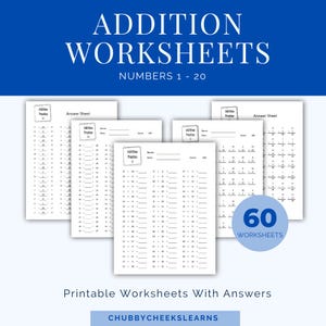May include: A collection of white printable addition worksheets with answers. The worksheets are for numbers 1-20 and include an answer sheet. The image also includes the text "60 Worksheets" and "Printable Worksheets With Answers".