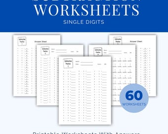 Subtraction Worksheets: Single Digit | 60 Printable Math Drills | First Grade Math Bundle | Subtracting from 0 to 9 | PDF Download
