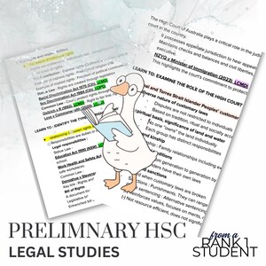 Peut inclure: Un dessin d'une oie lisant des notes de droit. Les notes traitent des droits, des responsabilités et du rôle de la Haute Cour. Le texte en bas indique "PRELIMINARY HSC LEGAL STUDIES".