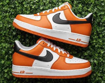 Custom Hand-Painted Orange Black Air Force 1 Sneakers, Streetwear Fashion Kicks