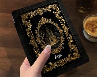 Custom Name Gothic Spellbook Castle Kindle Case, Gold Ornate Frame Kindle Colorsoft Cover, Kobo Libra Case, Bookish Dark Academia Gift