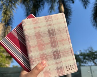 Personalized Pink Plaid with Initials Kindle Cover, Kindle Case with strap, Custom Ereader Cover, Kindle Accessorie Gift, Auto Wake/Sleep