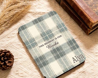 Sage Green Check Kindle Case, Personalization All New Colorsoft Cover Kobo Clara Case with strap, 2024 Cover Custom Kindle Auto Wake/Sleep