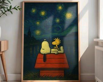 Póster de Snoopy y la Noche Estrellada. Lámina decorativa de ensueño inspirada en Van Gogh (descarga digital).