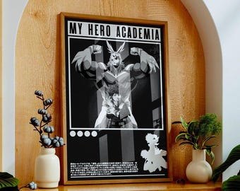 Póster de anime negro: Descarga digital de My Hero Academia, ilustraciones de All Might y Deku