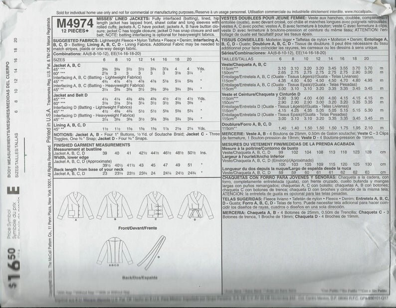 4974 McCall/'s ~ Misses/' Lined Jackets ~ Uncut Factory Folded