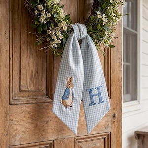 Embroidered Monogram Easter Wreath Sash, Personalized Bunny Basket Bow With Name, Custom Initials Home Decor, Spring Toile Front Door Bow