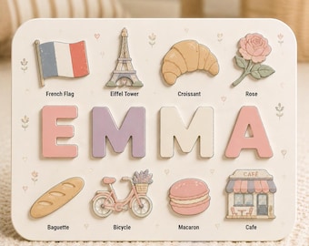 Personalized French Name Puzzle, Custom Wooden France Puzzle, Montessori Toddler Toy, Paris Nursery Decor, Travel Gift for Kids