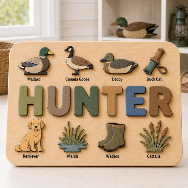 Duck Hunting Wooden Name Puzzle, Personalized Hunter Theme Montessori Toy, Custom Name Board, Waterfowl Adventure Gift