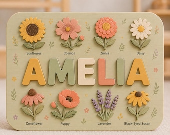 Personalized Wildflower Name Puzzle, Custom Wooden Name Puzzle, Floral Montessori Toy, Baby Girl Gift, Nursery Decor, Birthday Gift