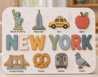 New York Name Puzzle, Personalized Wooden Name Puzzle, NYC Icons Montessori Toy, Custom Baby Name Gift, Nursery Decor