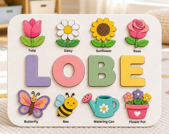 Personalized Flower Name Puzzle, Custom Wooden Montessori Name Puzzle, Floral Nursery Decor, Kids Learning Toy, Baby Shower Gift
