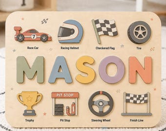 Personalized Wooden Name Puzzle for Kids, Racing Car Theme Montessori Toy, Custom Boy Birthday Gift, Transportation Nursery Decor