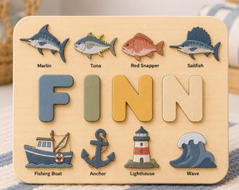 Personalized Fishing Name Puzzle, Custom Wooden Name Puzzle, Fish Montessori Toy, Little Angler Baby Gift, Fishing Nursery Decor
