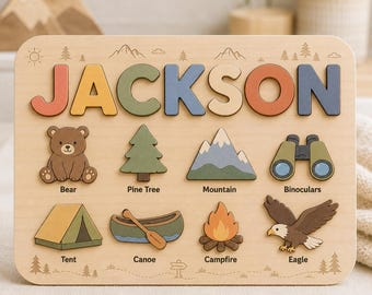 Personalized Woodland Adventure Name Puzzle, Wooden Name Puzzle for Kids, Camping Nursery Decor, Custom Baby Name Gift