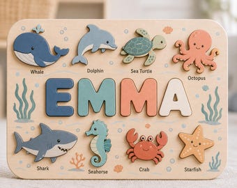 Personalized Ocean Name Puzzle, Custom Wooden Name Puzzle, Sea Animal Puzzle, Montessori Toddler Toy, Baby Name Gift, Nursery Decor