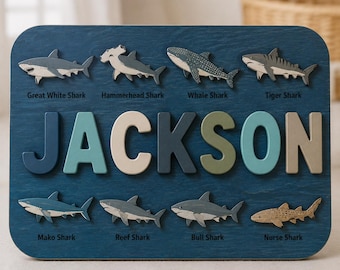 Personalized Shark Name Puzzle, Custom Wooden Name Puzzle, Shark Montessori Toy, Ocean Sea Life Nursery Decor, Marine Animal Baby Gift