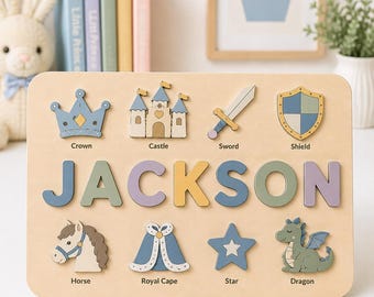 Personalized Wooden Name Puzzle Board | Medieval Knight Montessori Toy | Dragon Castle Educational Gift for Kids