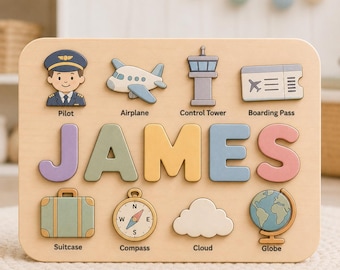 Personalized Pilot Name Puzzle, Wooden Airplane Name Puzzle, Custom Aviation Montessori Puzzle, Future Pilot Baby Gift