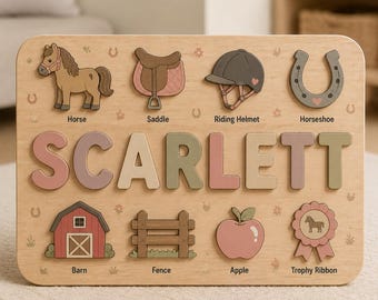 Personalized Horse Name Puzzle, Custom Wooden Name Puzzle, Horse Riding Theme Montessori Toy, Equestrian Gift, Kids Room Decor