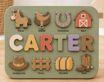 Personalized Cowboy Name Puzzle, Custom Wooden Name Puzzle, Western Montessori Toy, Horse Farm Baby Gift, Cowboy Nursery Decor