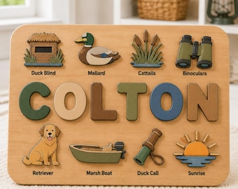 Duck Hunting Wooden Name Puzzle, Personalized Waterfowl Hunter Toy, Custom Name Board, Montessori Learning Gift, Outdoor Boy Room Decor