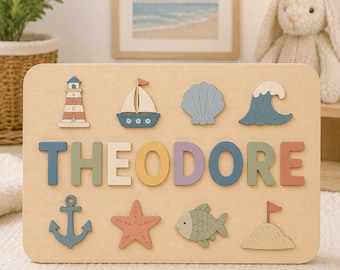 Personalized Wooden Name Puzzle | Nautical Ocean Montessori Toy | Lighthouse Ship Anchor Sea Decor Baby Gift Nursery Decor