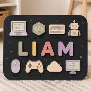 Personalized Coding Name Puzzle, Programmer Theme Nursery Decor, Custom Wooden Montessori Toy, Computer Science Gift, First Birthday Gift